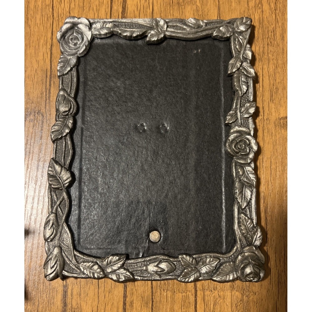 Vintage 90s Metallic Rose Floral Pewter Silver 4x6 Standalone Picture Frame